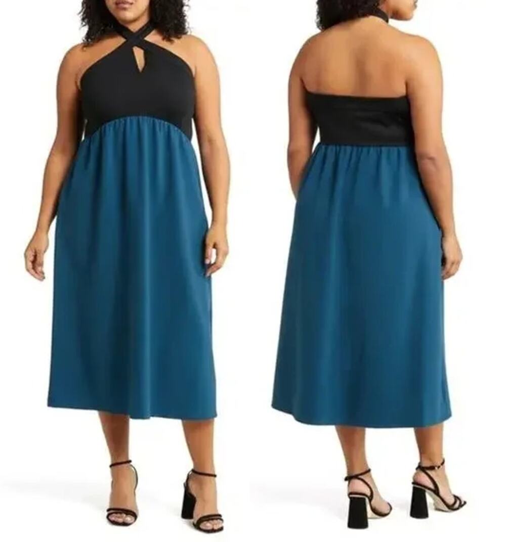 Chelsea28 Colorblock Cross Over Halter Midi Dress Blue Black Plus 2X NWT Chic